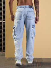 Men Blue Washed Cargo Pocket Jeans