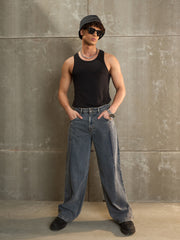Men Navy Washed Front Pleated Wide Leg Jeans
