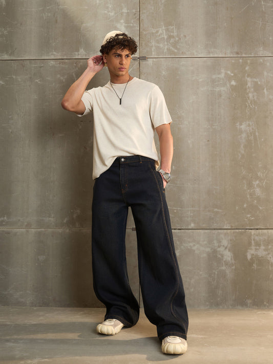 Men Navy Washed Side Detail Wide Leg Jeans