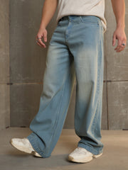 Men Blue Washed Basic Wide Leg Jeans