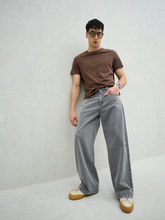 Men Light Grey Basic Wide Leg Jeans