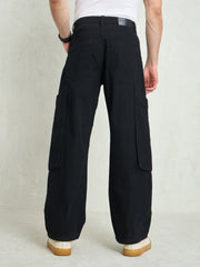 Men Black Big Cargo Pockets Wide Leg Jeans