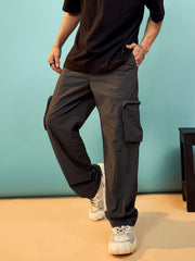 Men Grey Cargo Pockets Parachute Pants