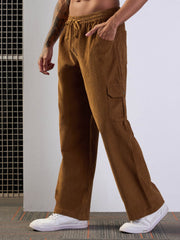 Men Brown Corduroy Side Pocket Cargo Pants