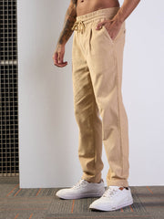 Men Beige Corduroy Elasticated Pants