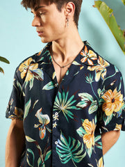 Men Navy Blue Tropical Shirt With Shorts