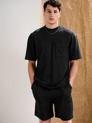 Men Black Waffle Front Pocket Oversize T-Shirt With Shorts