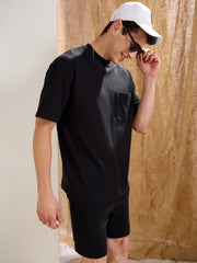 Men Black Waffle Front Pocket Oversize T-Shirt With Shorts