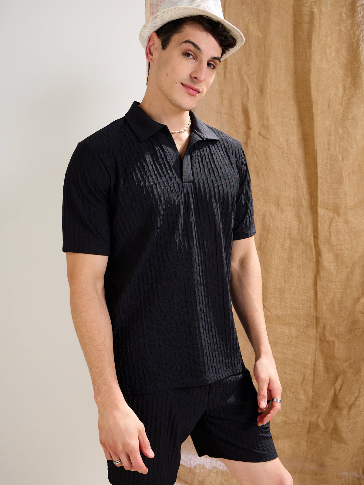 Men Black Textured Relax Fit Polo T-Shirt With Shorts