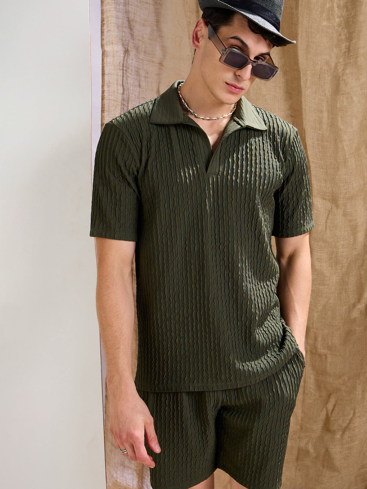 Men Olive Textured Relax Fit Polo T-Shirt With Shorts