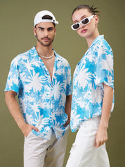 Unisex Blue & White Tropical Floral Relax Fit Shirt