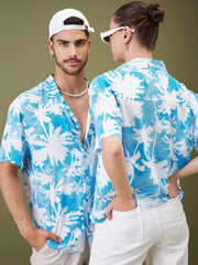 Unisex Blue & White Tropical Floral Relax Fit Shirt