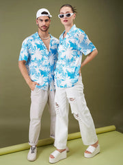 Unisex Blue & White Tropical Floral Relax Fit Shirt