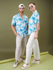 Unisex Blue & White Tropical Floral Relax Fit Shirt