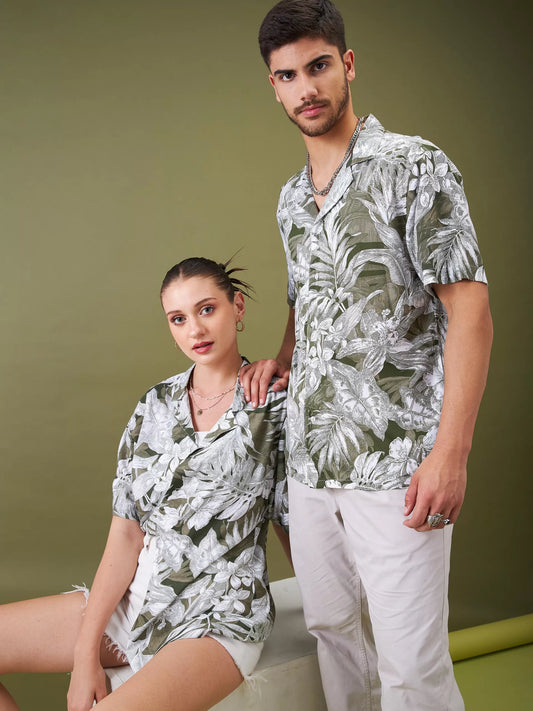 Unisex Olive & Whie Tropical Floral Relax Fit Shirt