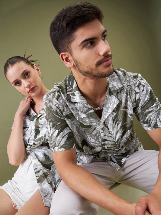 Unisex Olive & Whie Tropical Floral Relax Fit Shirt