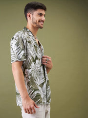 Unisex Olive & Whie Tropical Floral Relax Fit Shirt