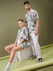 Unisex Olive & Whie Tropical Floral Relax Fit Shirt