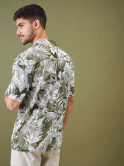 Unisex Olive & Whie Tropical Floral Relax Fit Shirt