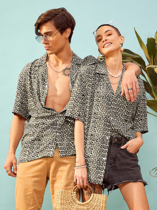 Unisex Brown Geometric Print Relax Fit Shirt