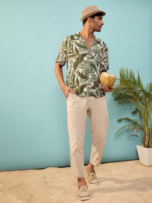 Unisex Olive Tropical Print Relax Fit Shirt