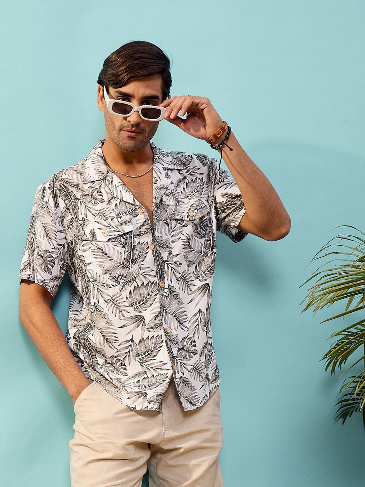 Unisex Grey Tropical Print Relax Fit Shirt