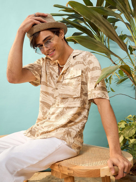 Unisex Beige Tropical Print Relax Fit Shirt