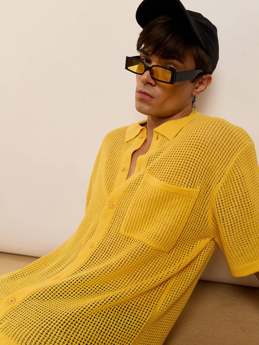 Men Yellow Crochet Knit Oversize Shirt