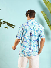 Men White & Blue Floral Rollup Sleeves Relax Fit Shirt