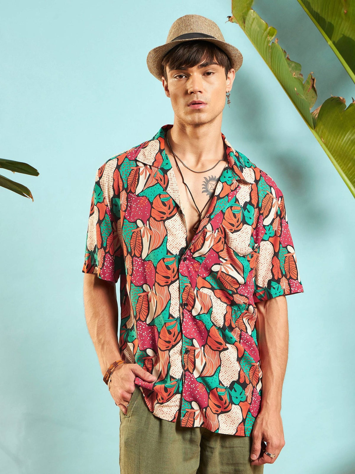 Men Orange Multi Colour Tropical Print Relax Fit Shirt