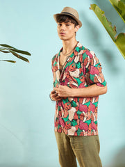 Men Orange Multi Colour Tropical Print Relax Fit Shirt