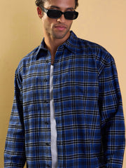 Men Blue & Black Check Patch Pocket Oversize Shirt