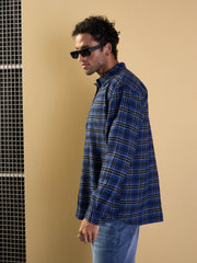 Men Blue & Black Check Patch Pocket Oversize Shirt