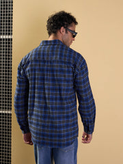 Men Blue & Black Check Patch Pocket Oversize Shirt