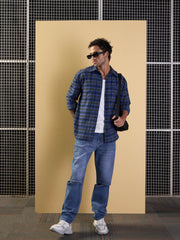 Men Blue & Black Check Patch Pocket Oversize Shirt