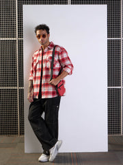 Men Red & White Check Flap Pocket Oversize Shirt