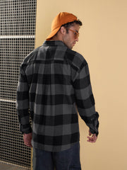 Men Grey & Black Check Flap Pocket Oversize Shirt