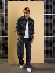 Men Grey & Black Check Flap Pocket Oversize Shirt