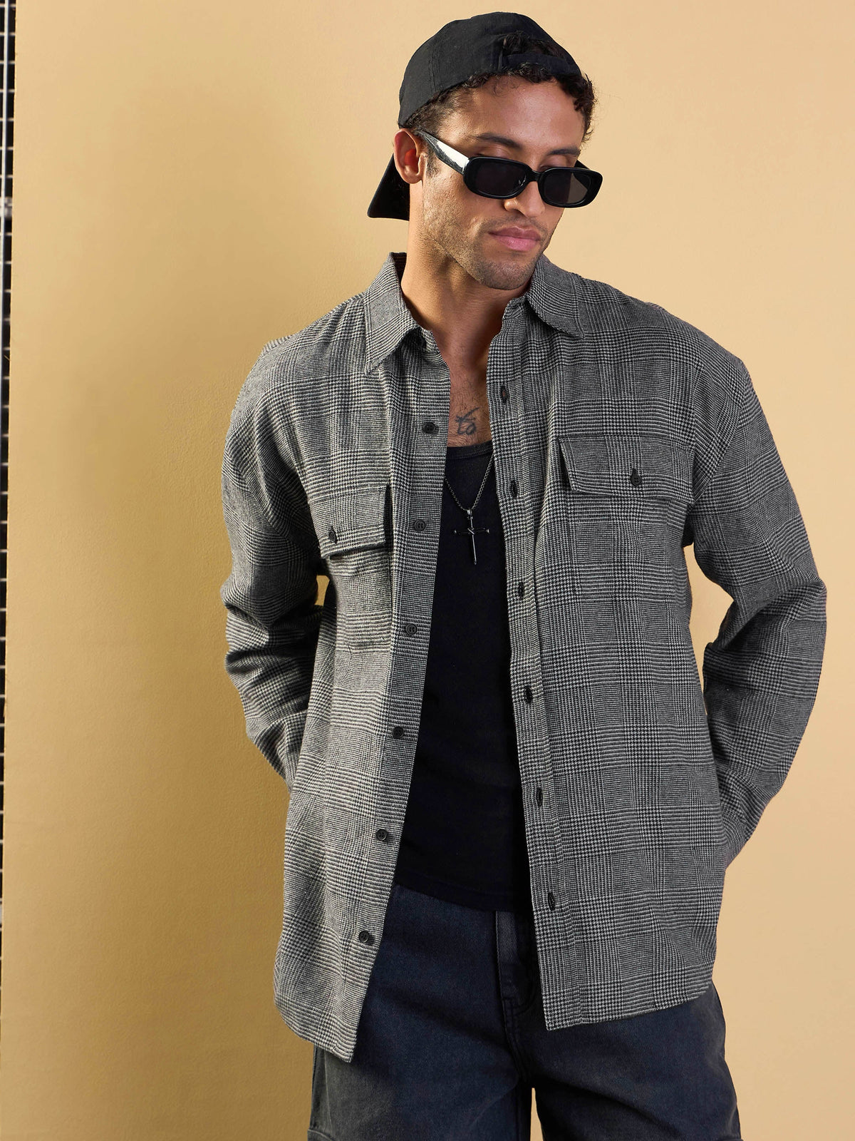 Men Grey Check Flap Pocket Oversize Shirt