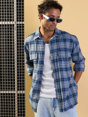 Men Grey & Blue Check Raw Edge Hem Oversize Shirt