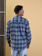 Men Grey & Blue Check Raw Edge Hem Oversize Shirt