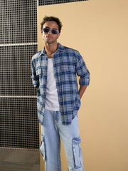 Men Grey & Blue Check Raw Edge Hem Oversize Shirt