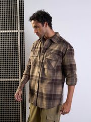 Men Beige & Brown Check Raw Edge Hem Oversize Shirt