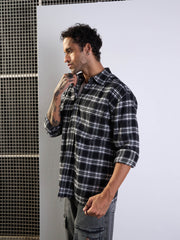 Men Black & White Check Raw Edge Hem Oversize Shirt