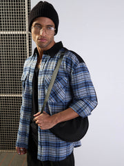 Men Grey & Blue Elbow Patch Oversize Check Shirt