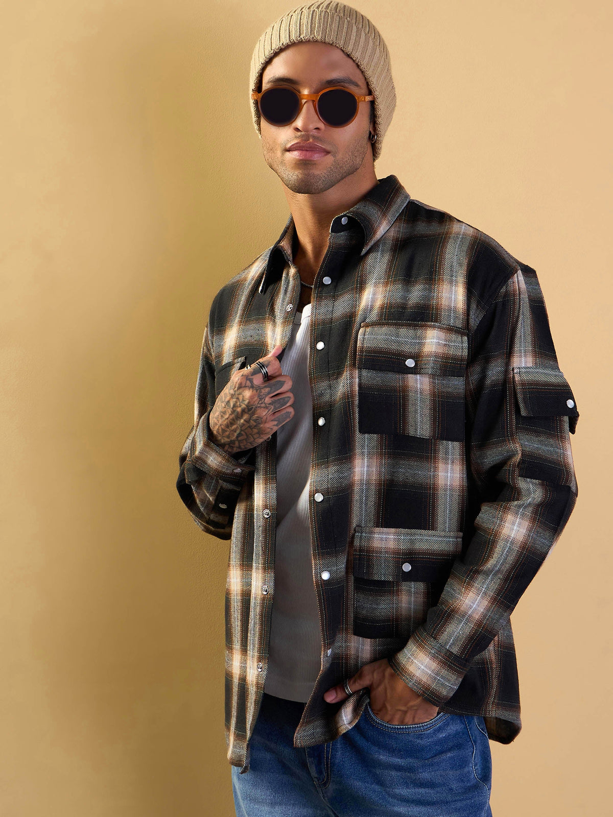 Men Black & Beige Check Utility Pocket Oversize Shirt