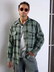 Men Green Check Utility Pocket Oversize Shirt