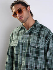 Men Green Check Utility Pocket Oversize Shirt