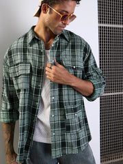 Men Green Check Utility Pocket Oversize Shirt