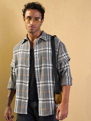 Men Grey & White Check Overlap Sleeves Oversize Shirt